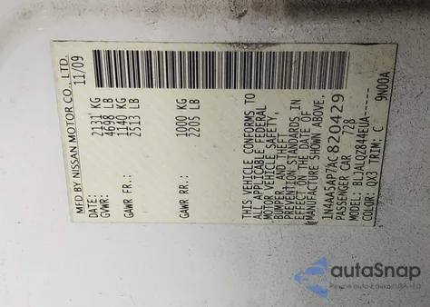 2010 Nissan Maxima 3.5 S z USA, uszkodzony, nr VIN 1N4AA5AP7AC820429